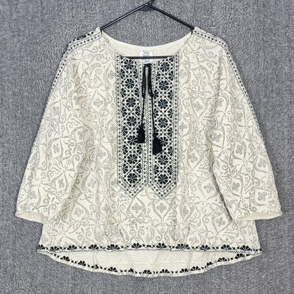 Ivy Jane Blouse Womens M Ivory Black Woven Aztec Southwest Print Boxy Boho Shirt - Picture 1 of 11
